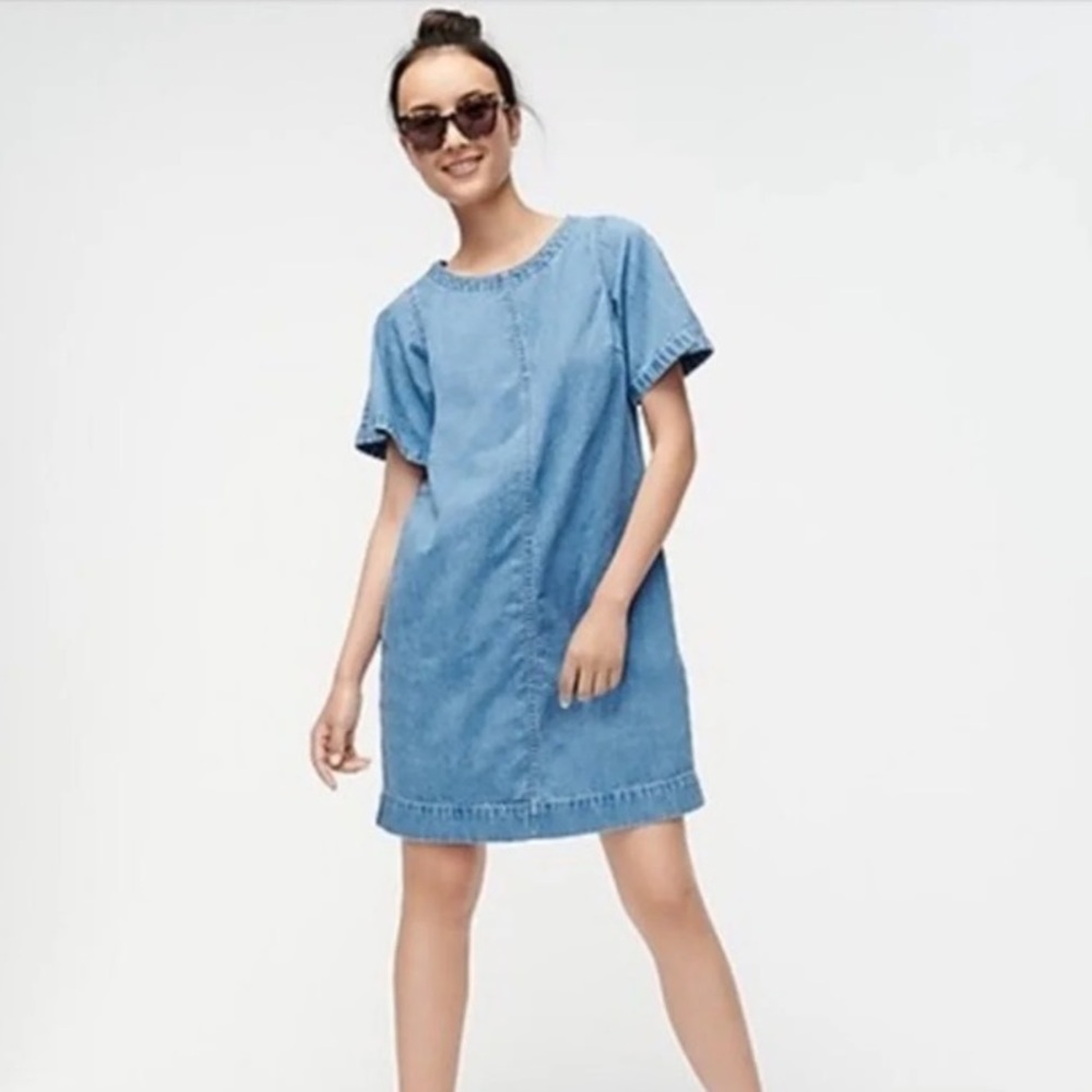 J. Crew Denim Shift Mini Dress Size 6 Short Sleeve Cotton Pockets